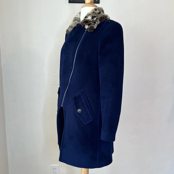 REBECCA TAYLOR Wool Blend Coat Faux Fur Collar Navy Blue, Size 2 - Picture 6 of 15